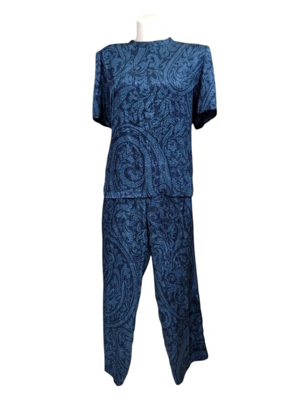Christian A. New York Designer Blue Paisley Silk Set Short-Sleeve Top High-Waist